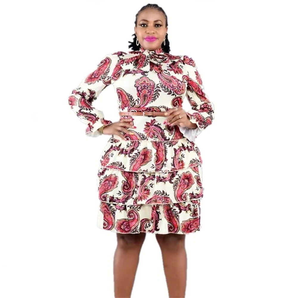 

2022 Spring Summer New Hot Sale African Style Plus Size Printed Long Sleeve Cake Dress For Women