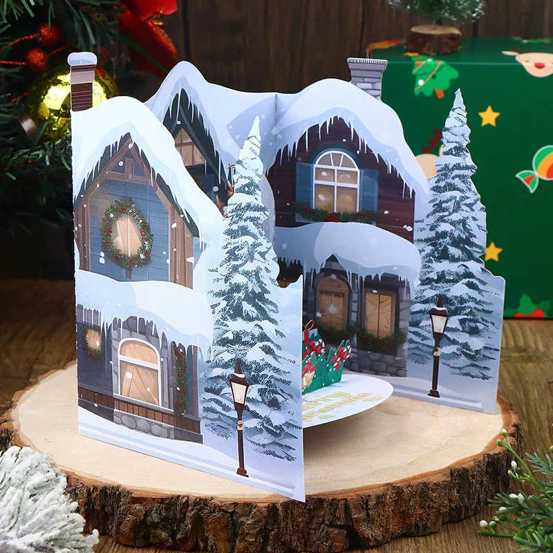 قطعة واحدة من بطاقة عيد الميلاد ثلاثية الأبعاد مع منزل شتوي ثلجي ومغلف بتصميم ELK متضمن تحية احتفالية لأصدقاء العائلة #4