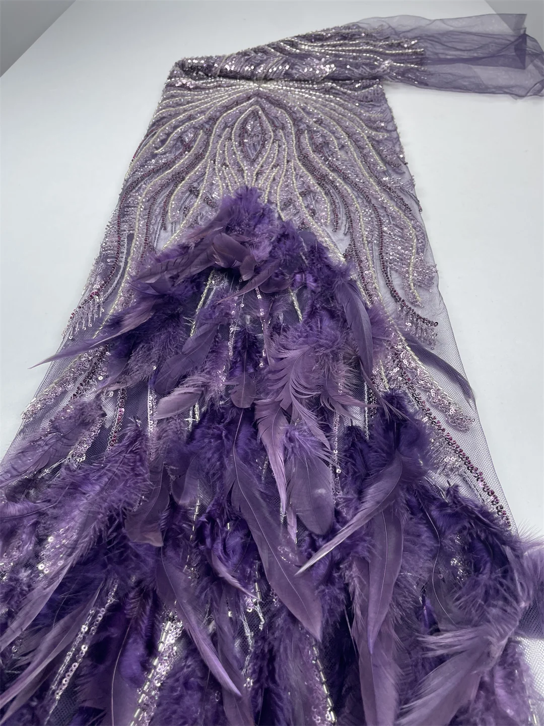 3D Feather High Quality 2025 African Lace Nigerian Tulle Lace Fabric Beaded Embroidery Party Dress Sequins French For Sewing