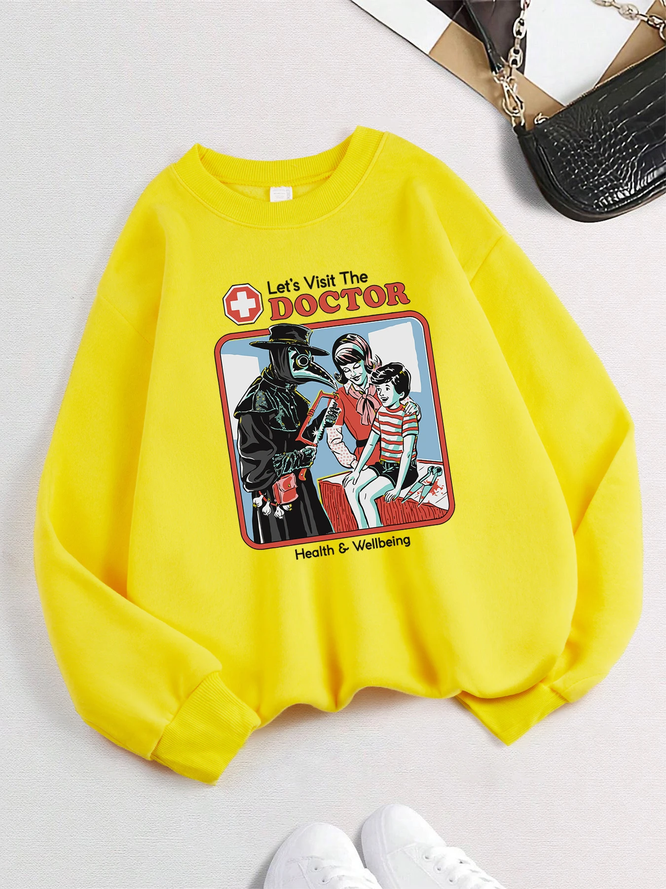 The Treating Doctor Print Pullover Damen Vintage Langarm Hoodie Herbst Winter Basic Sweatshirts Fleece Modekleidung