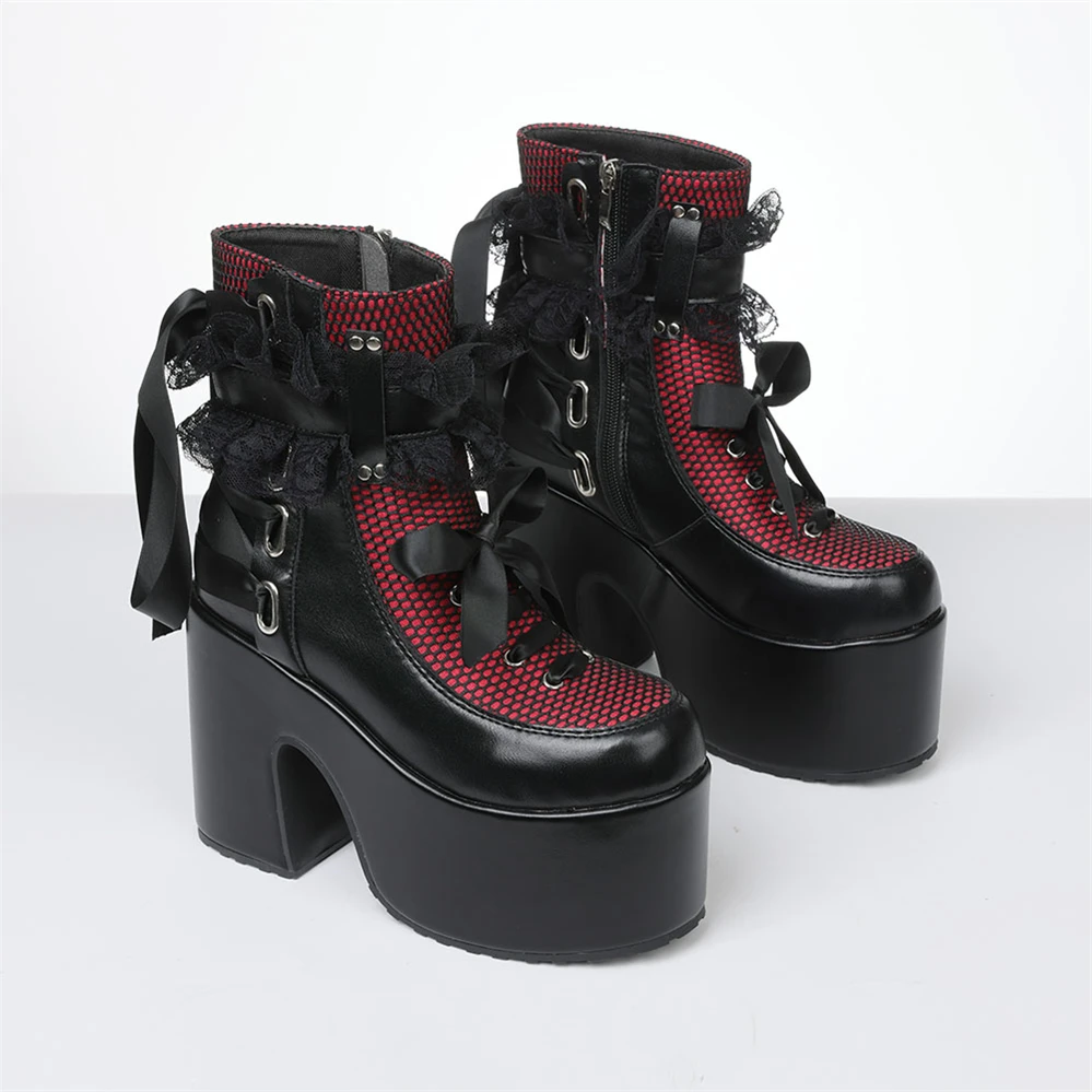 Y2k Готические короткие ботинки женские на платформе на массивном высоком каблуке с бантом и кружевным декором Модные женские ботильоны в стиле панк Осенняя обувь на Хэллоуин W