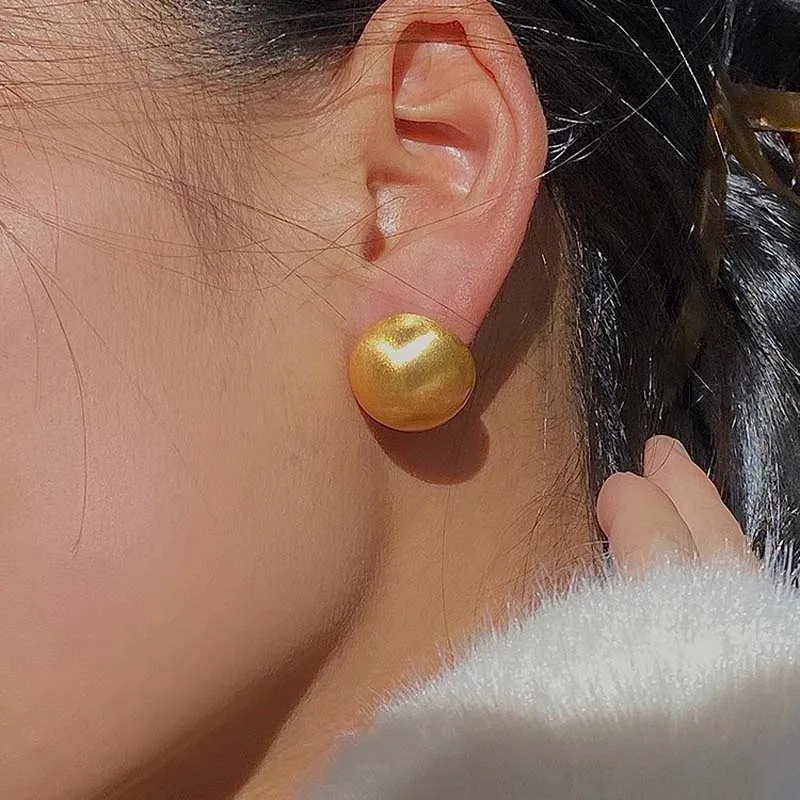 Frosted Gold Color Brushed Half Metal Big Ball Round Earrings for Women Retro Unique Creative Versatile Accessories brincos