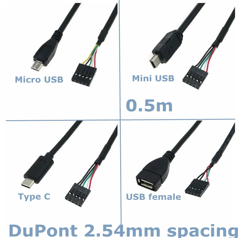 Micro 5P Mini rodzaj USB-C męski 2.0 żeński do 2.54mm 5-calowy kabel do płyty głównej DuPont 0.5 metrów od siebie