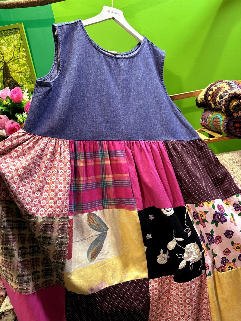 Patchwork Cotton Summer Vintage Sleeveless Tunic Long Dress Women Retro Hippie Boho Gypsy Ibiza Beach Cottagecore Midi Dress
