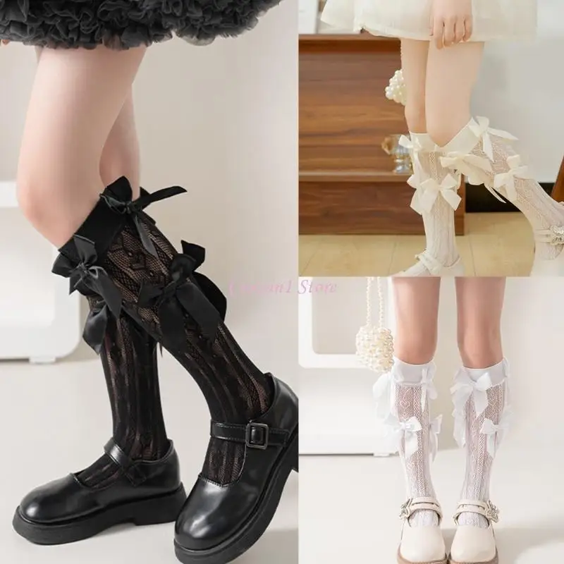 

Y1UB Lovely Girls Knee Length Socks for Youth, Sweet Bowknot Charm Middle Tube Socks for Stage Performances and Parties