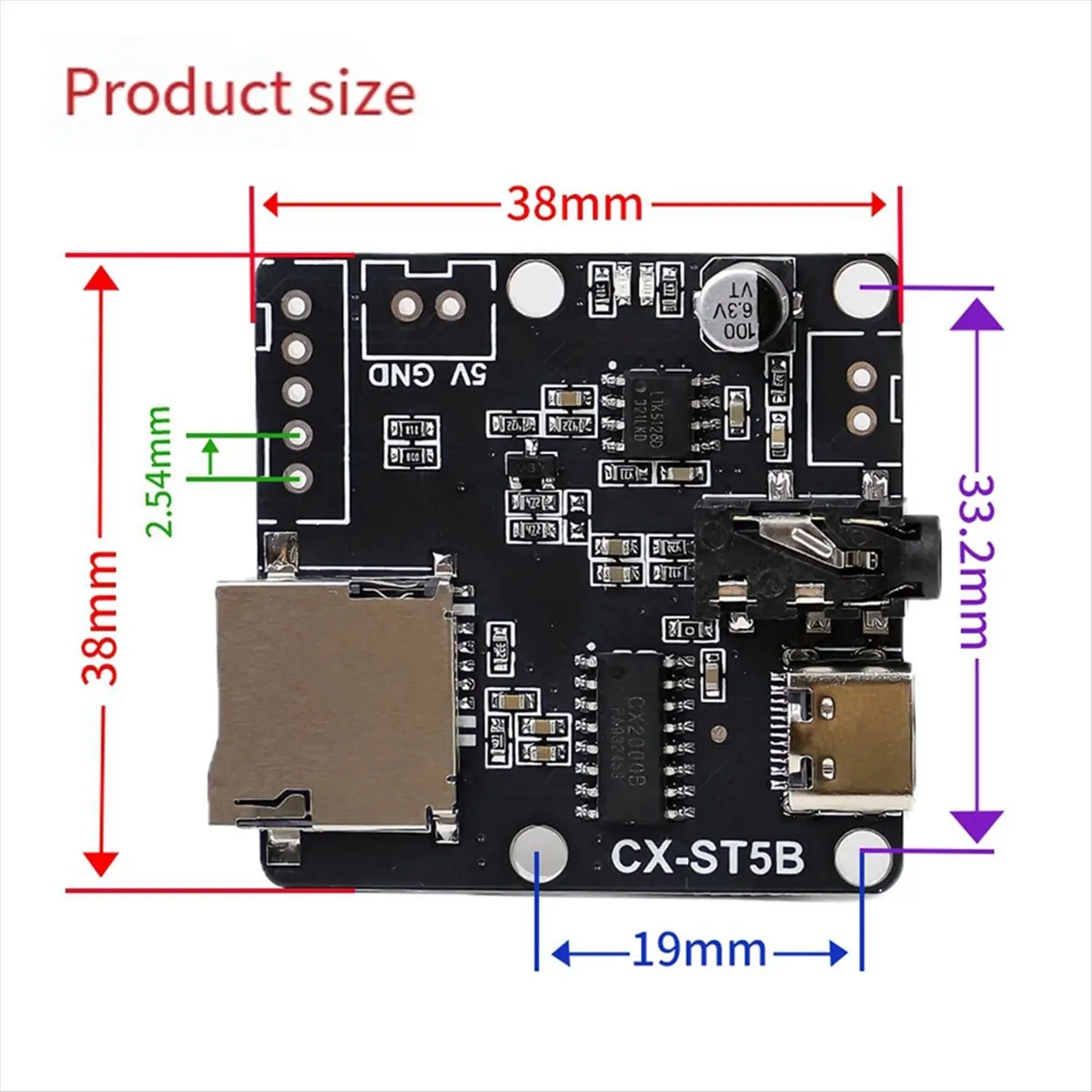 DTC5 -ST5B Serial Port MP3 Voice Chip Module Voice Broadcast Custom Audio Module Single Chip Control Triggers Audio Kit