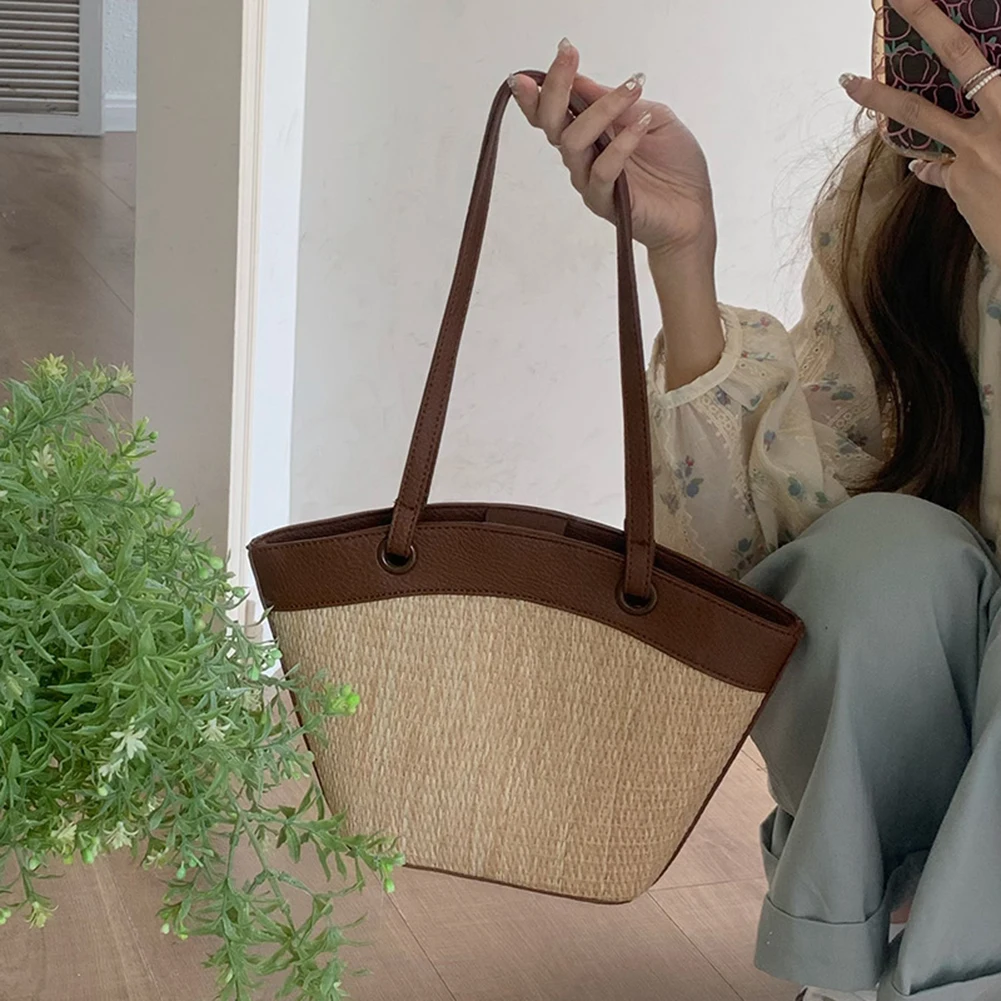 

Women Straw Woven Tote Bag Fashion Woven Handbag Large Capacity Summer Braided Beach Bags Patchwork Vintage for Party Vacation