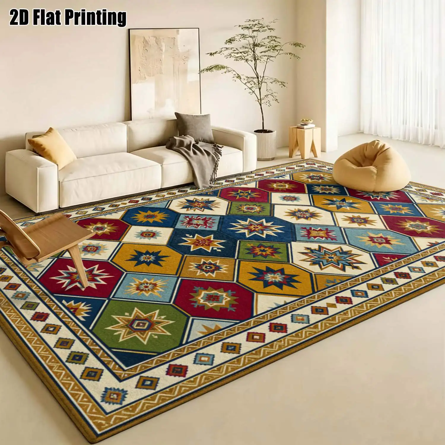 1Pc 2D Printed Carpet: Red, Blue, Yellow Geometric Starburst Patterns Vintage, Bohemian, European-Style, Geometric Striped Home Decor Rug, Multiple Sizes, Machine Washable. Perfect for Entryways, Dining Rooms, Foyers, Bedrooms, and Living Rooms.