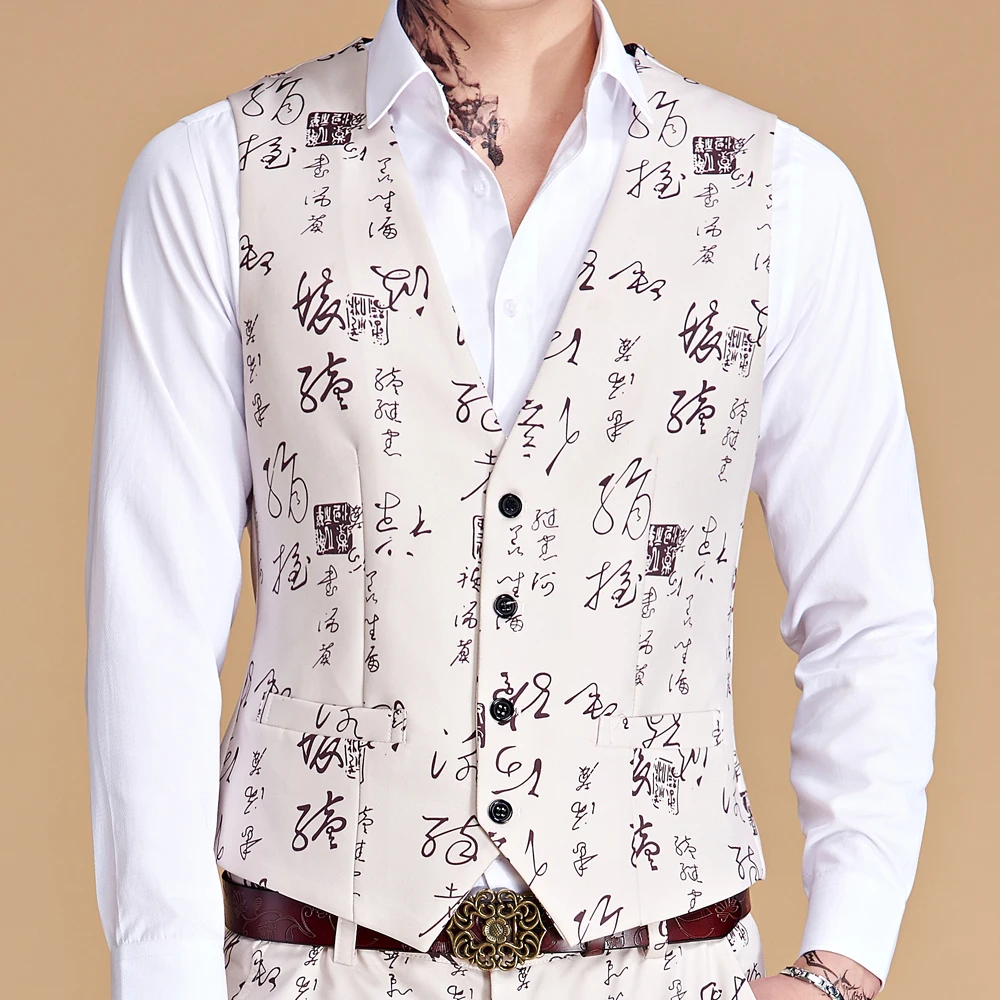 Mens Printing Suit Vest New Fashion Casual High Quality Single Breasted Slim Large Size Business Vest Waistcoat Man