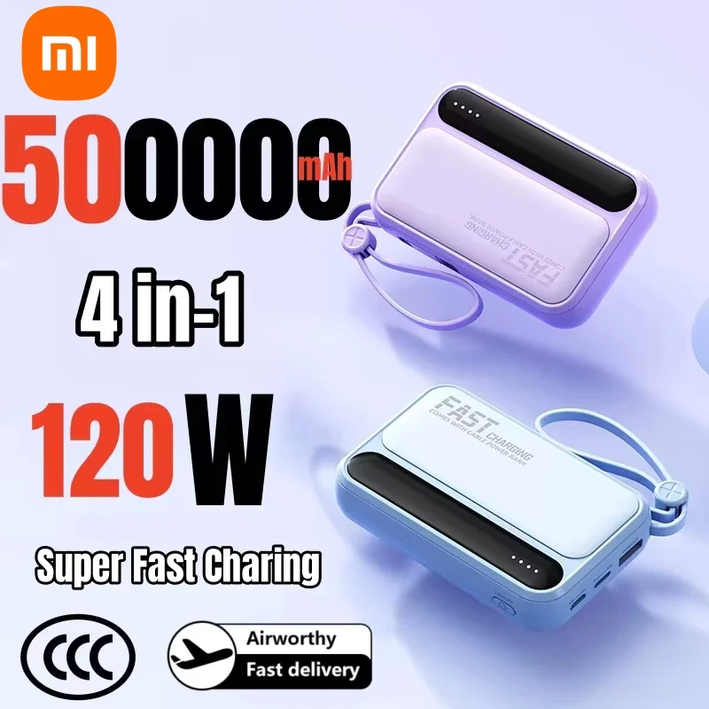 Banco de energía 4 en 1, 50000mAh, gran capacidad, Cables integrados, pantalla Digital inteligente, batería portátil ligera para Iphone Xiaomi