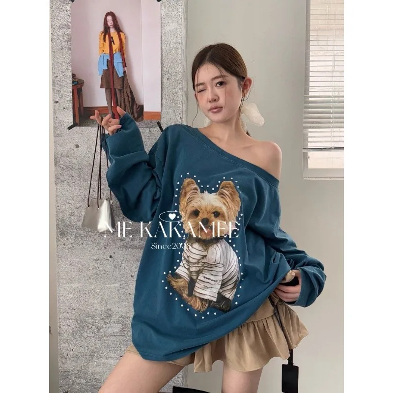 Pullover Cartoon Print Off-shoulder Long-sleeved T-shirt Women's Casual Commuting Top