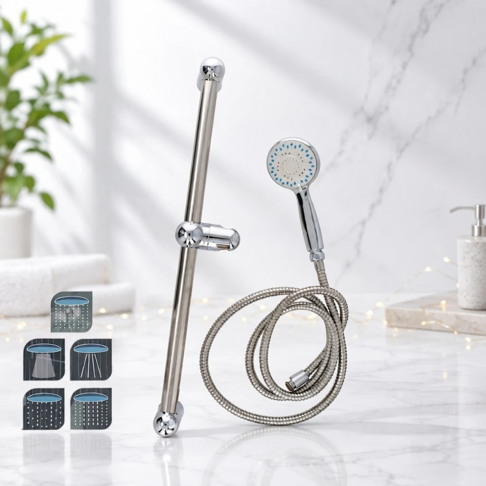 Kit de douche avec barre coulissante en acier inoxydable, pommeau de douche à main avec 5 modes de jet, flexible de 2 mètres, ensemble de salle de bain chromé