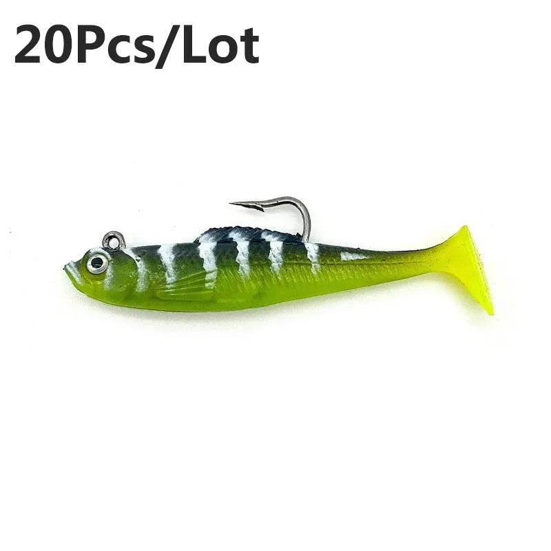 

3D Bionic Soft Fishing Lure, Силиконовая приманка, Т-образный хвост, Воблер для джиггинга, Искусственная приманка, Приманка для окуня, 6 см, 5,4 г, 20 шт.