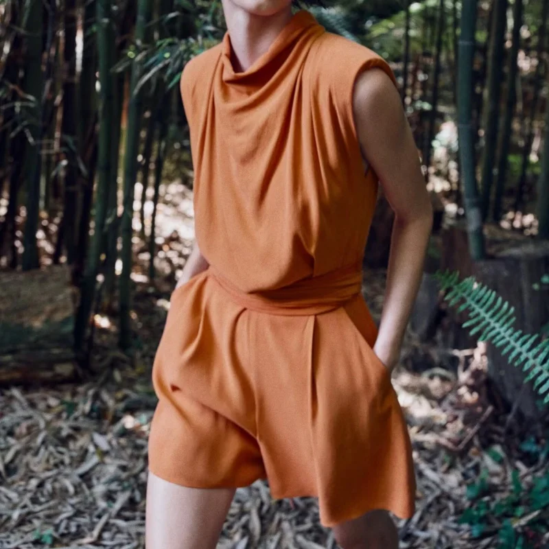 Summer 2026 New Women's Design Sensation Sleeveless Stand Collar Padded Shoulder Belt Short One-Piece Pants High Waist Straig...