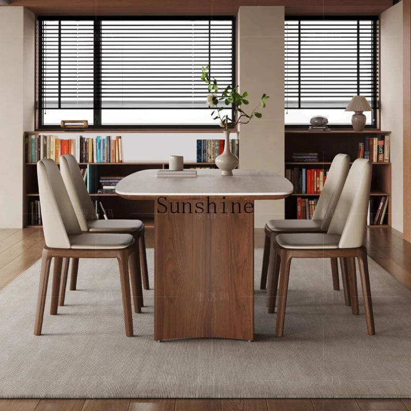 

Travertine slate, household small apartment, rectangular solid wood dining table and chair combination