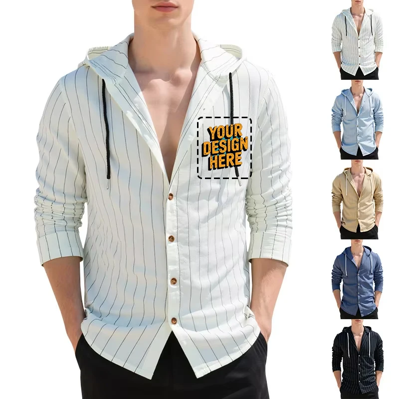 Custom Logo Autumn Men's Vertical Stripe Casual Long-sleeved Shirt Hooded Drawstring Linen Cardigan Trendy Loose Beach T-shirt