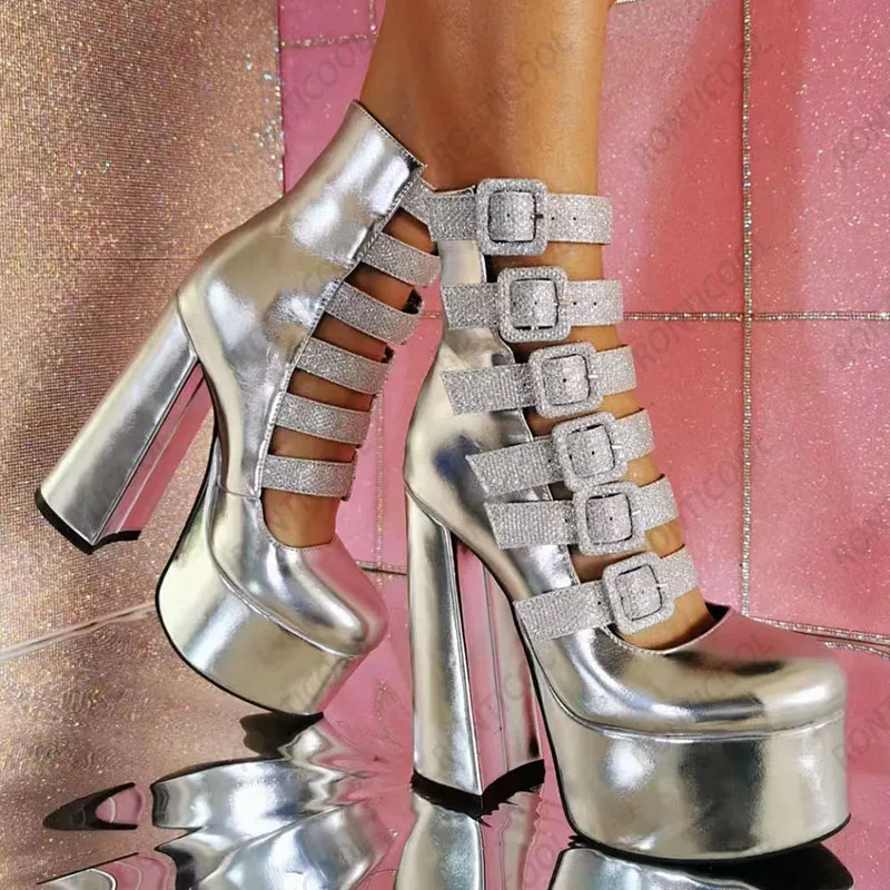 Ronticool Handmade Women Spring Platform Ankle Boots Buckle Chunky Heel Round Toe Gorgeous Silver Club Shoes Plus US Size 5-15