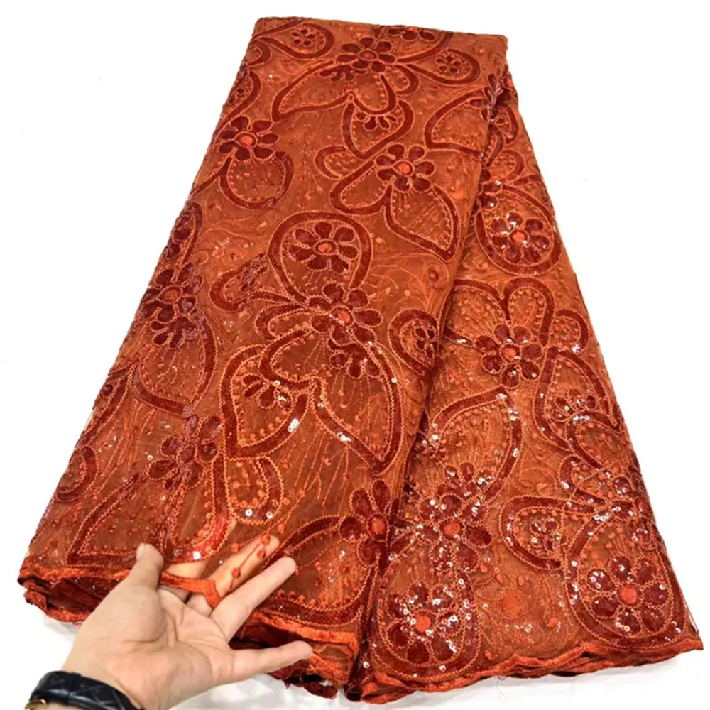 

LHDN08 Orange!Nice looking African net lace fabric with sequins,wholesale embroidered French tulle lace for party/wedding dress