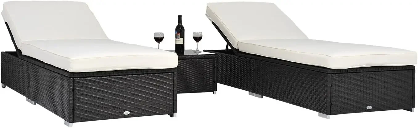 Outsunny Chaiselongue-Set, 2er-Set mit 5-Winkel-Rückenlehne, Couchtisch für den Außenbereich, wasserabweisende Kissen, Poolseite aus PE-Rattangeflecht