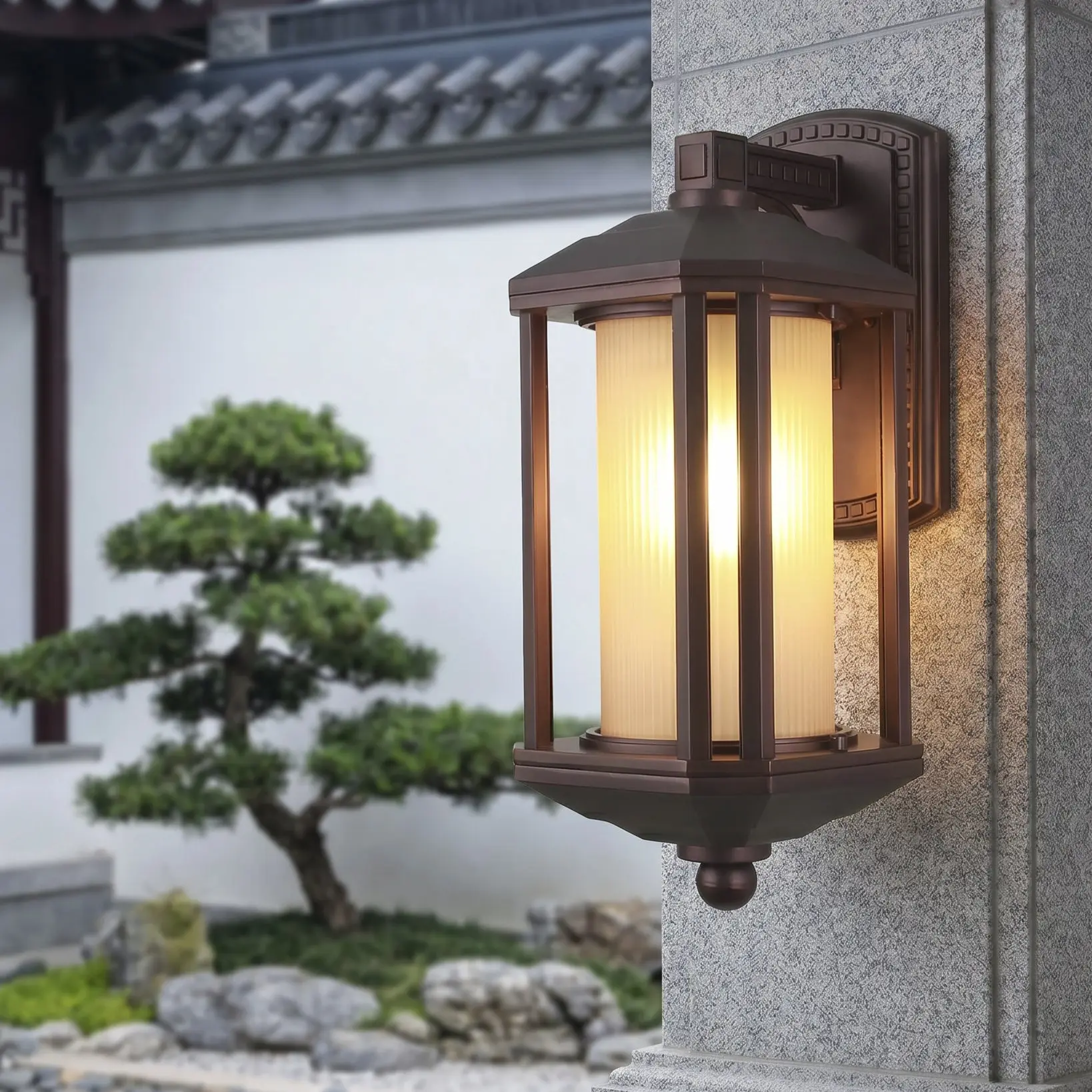 Rose Gold Outdoor Porch Wall Lights Garden Wall Sconces  Tawny Striped Cylinder Glass Shade Corridor Hallway Balcony Wall Lamp