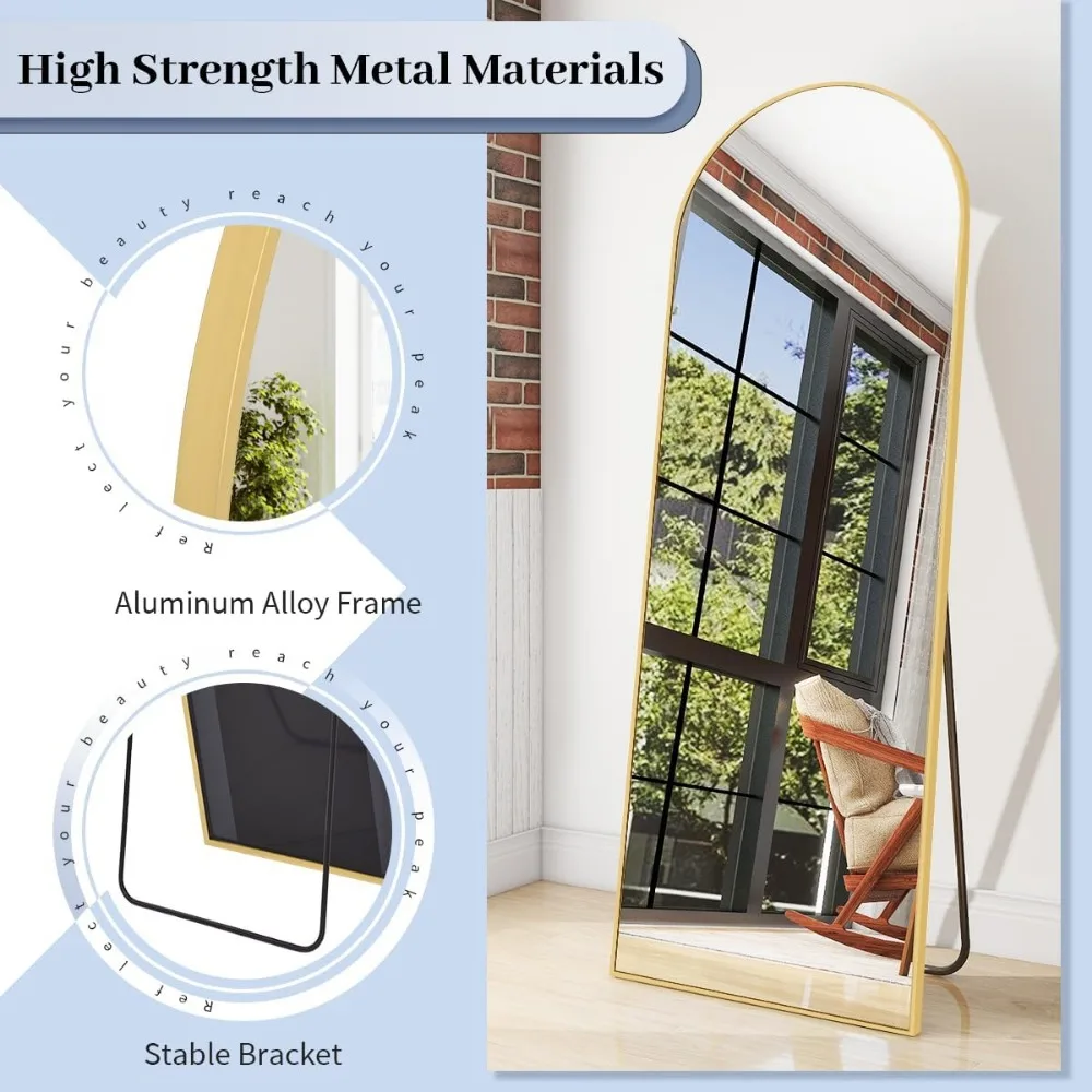 Espelho de chão arqueado de comprimento total com suporte para quarto, vestiário, suspensão de parede ou inclinada, espelho de corpo grande