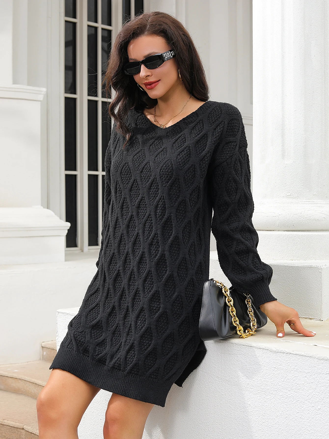 V-hals stretch gebreide zwarte jurk met lange mouwen voor dames - nieuwe stijl voor herfst/winter, losse en comfortabele truijurk