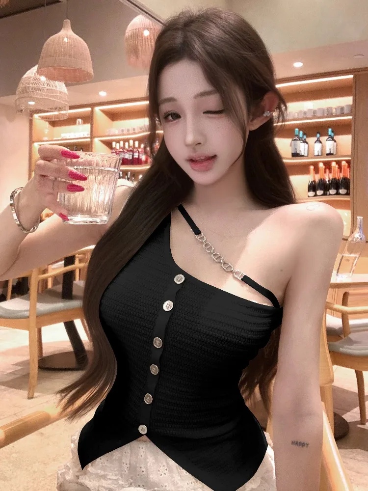 

Sexy Slimming Knitted Vest Metal Nail Shoulder Bared Patchwork Design Korean Style Commute Fashion plus Size Women's Top