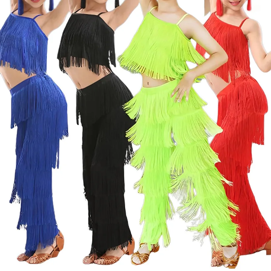 

Детский костюм для латиноамериканских танцев: брюки с бахромой и кисточками, большие размеры, для девочек, для сальсы, самбы, сценические наряды