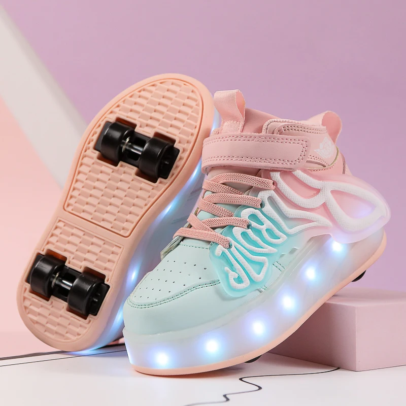 

Spring & Autumn New Wheel Shoes for Girls 2025: Rotating Buckle Light-Up Sneakers, Older Kids' Roller Skates