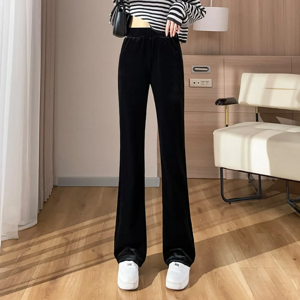 レディースベルベットワイドレッグパンツ、2025年ナローフィットハイウエストドレープ効果付きトラウザーズ |   黒色のスリムストレート