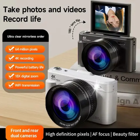 4K Digital Camera 64MP 18X Zoom Autofocus HD Retro Compact Digital Camera 2.8 Inch Screen for DSLR Photography Travel Vlogging