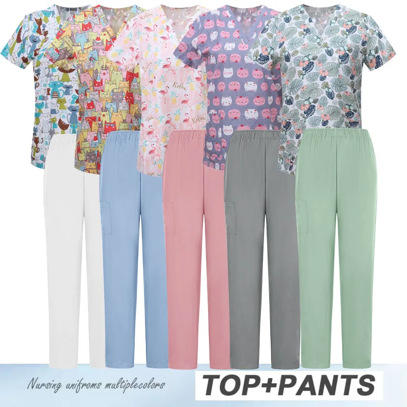 Pet Shop Dustproof Clothes Unisex Scrubs Uniforms Animal Print Scrubs Blouse Medical Uniform Hospital Nurse Doctor Workwear