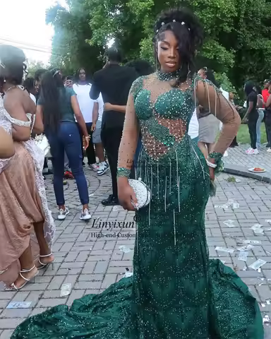 Shiny Sequin Lace Crystals Prom Dress Full Sleeves Aso Ebi Mermaid Evening Gown Customized African Wedding Gala Party Dress