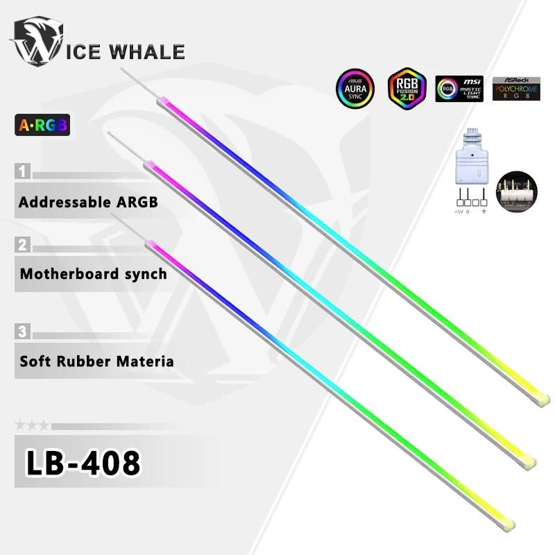 ICE Whale LB-408 5V 3Pin Addressable ARGB PC Case Decorative Light Strip Soft Rubber Material Rainbow Cable for DIY Accessories