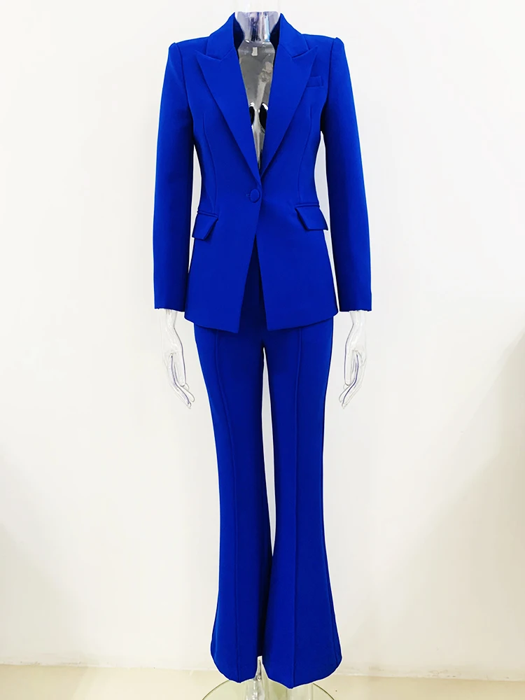 HIGH STREET Newest 2024 Designer Runway Suit Set Women\'s Single Button Slim Fit Lapel Blazer Flare Pants Suit 2pcs Royal Blue