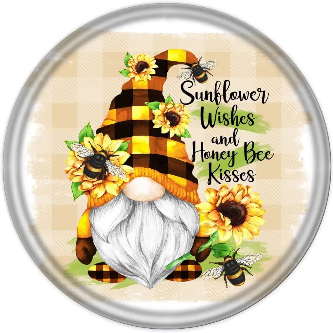 Krouterebs Sunflower Wishes and Honey Bee Kisses Gnome Vintage Style Round Metal Tin Sign Home,Living Room,Kitchen,Dining Room,B