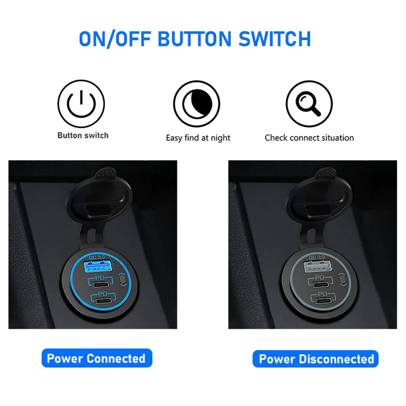12V USB Outlet 58W Dual PD USB-C Port Quick Charge 3.0 USB Charger Socket Waterproof Power Outlet with Power Switch for Car Boat