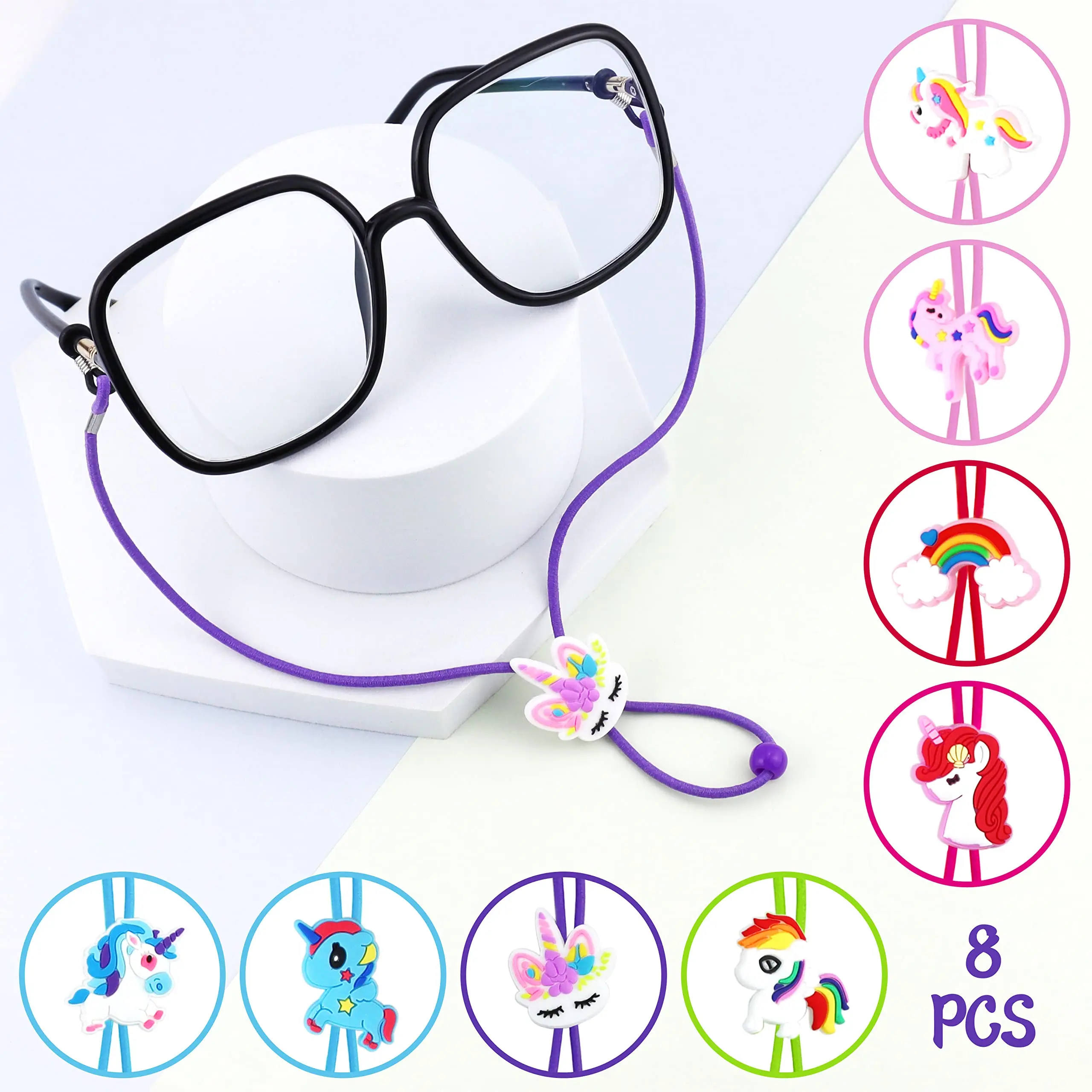 8 PCS Kids Glasses Strap Unicorn Rainbow Anti-slip Eyeglass Straps Adjuster Stretchy Sunglass Strap for Boys Girls