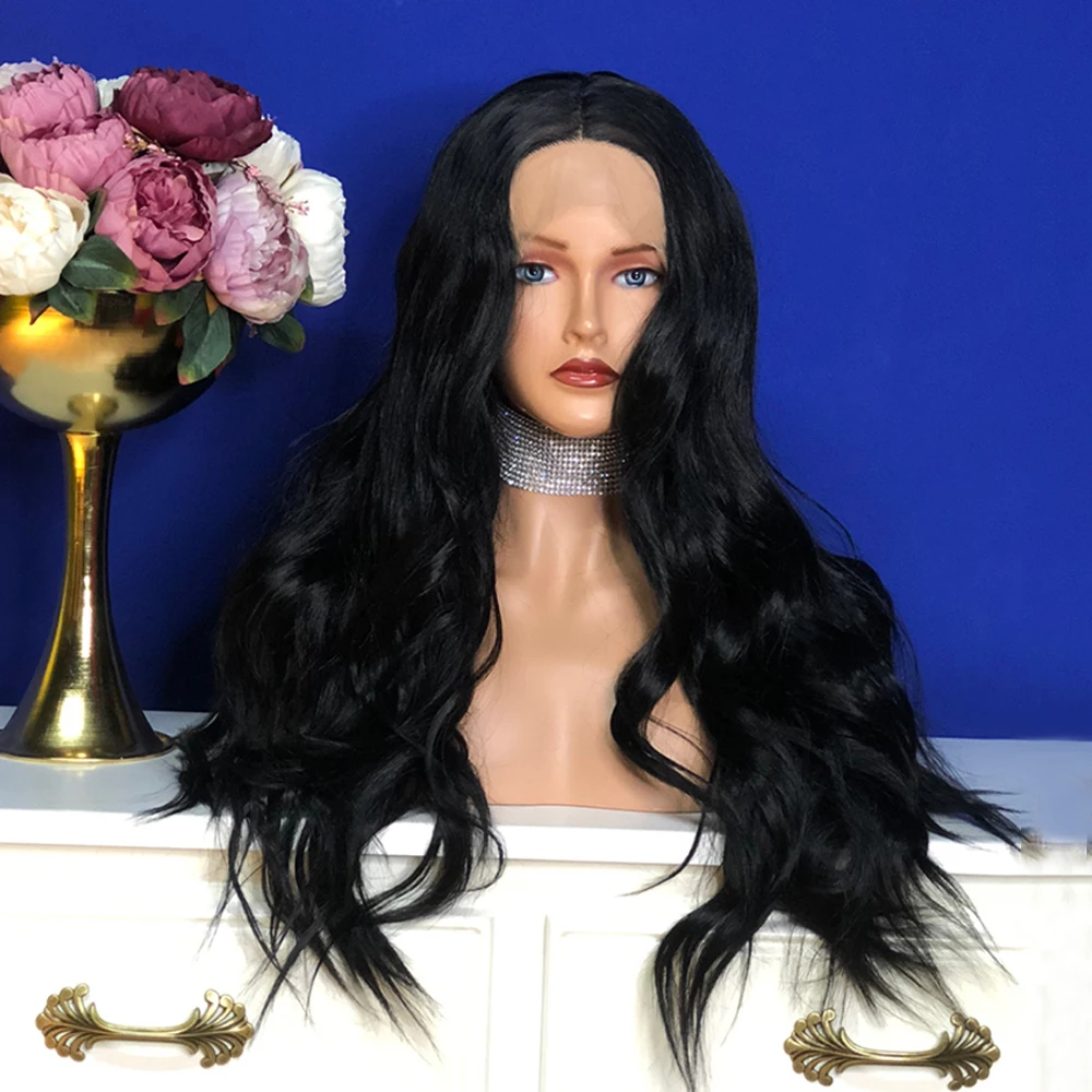Long Body Wave Black Hair Lace Front Wigs for Women Middle Part Curly Wavy Natural Black Colored Synthetic Daily Party Makeup