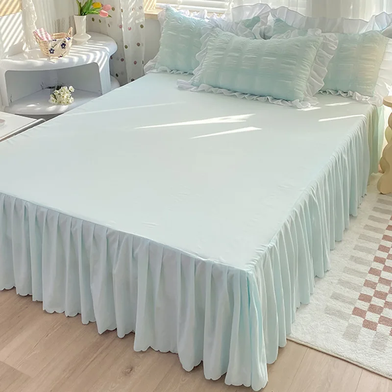 Korean Princess Seersucker Conjuntos de Cama para Meninas, Kawaii Ruffle Lace Saia de Cama, Capa de Edredão, Cor Sólida, Queen Size, Double Sheets Sets