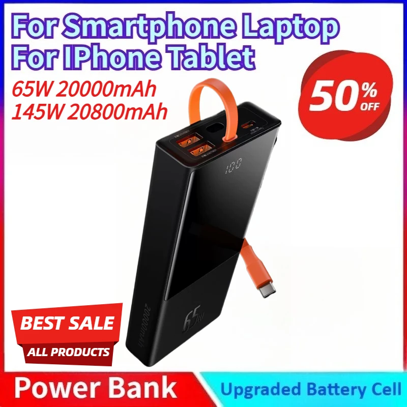 Новый портативный внешний аккумулятор (Powerbank) 65W 20000mAh 145W 20800mAh с быстрой зарядкой PD/FCP для смартфонов, ноутбуков, iPhone и планшетов
