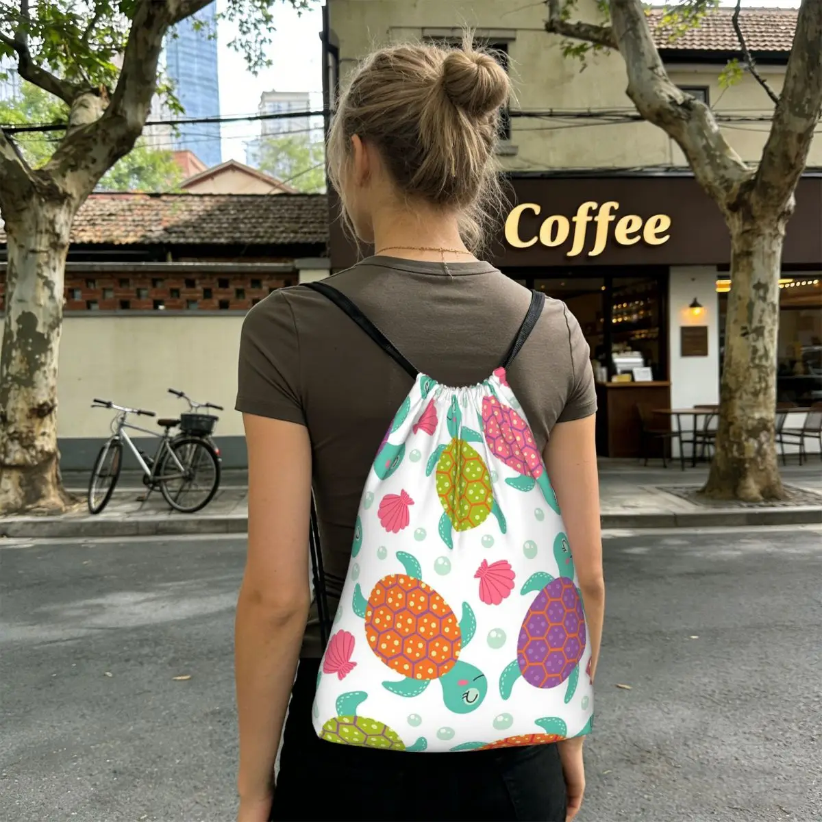 

Adorable Cartoon Turtle Colorful Backpacks Casual Drawstring Bundle Pocket Shoes Bag Book Bags for Man Woman Students