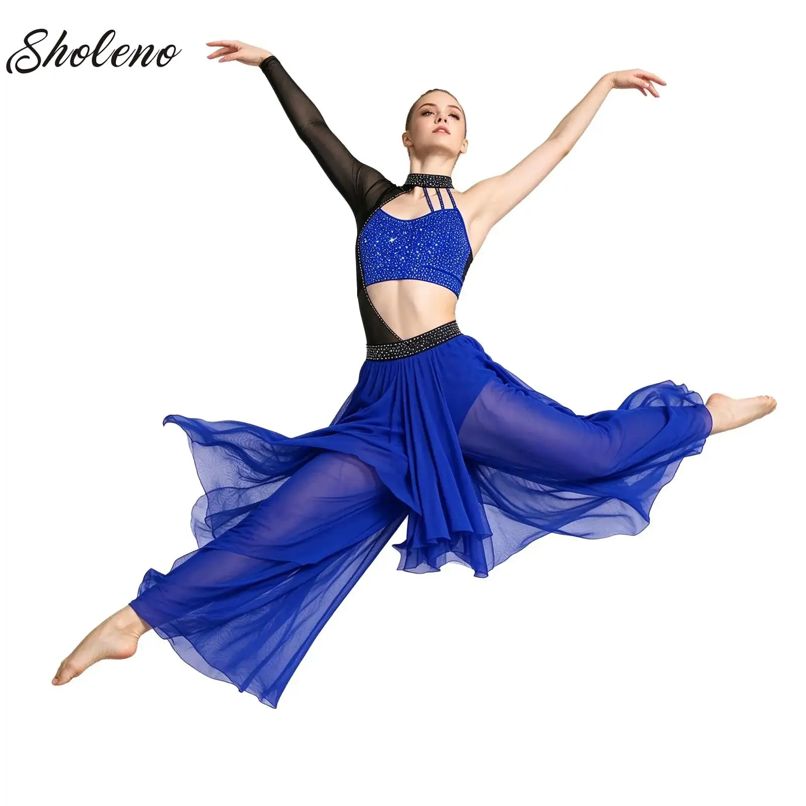 Ballet Lyrical Dance Jumpsuit Women Single Sleeve Cutout Shiny Rhinestones Bodice Wide-Leg Bodysuit Latin Jazz Modern Dancewear