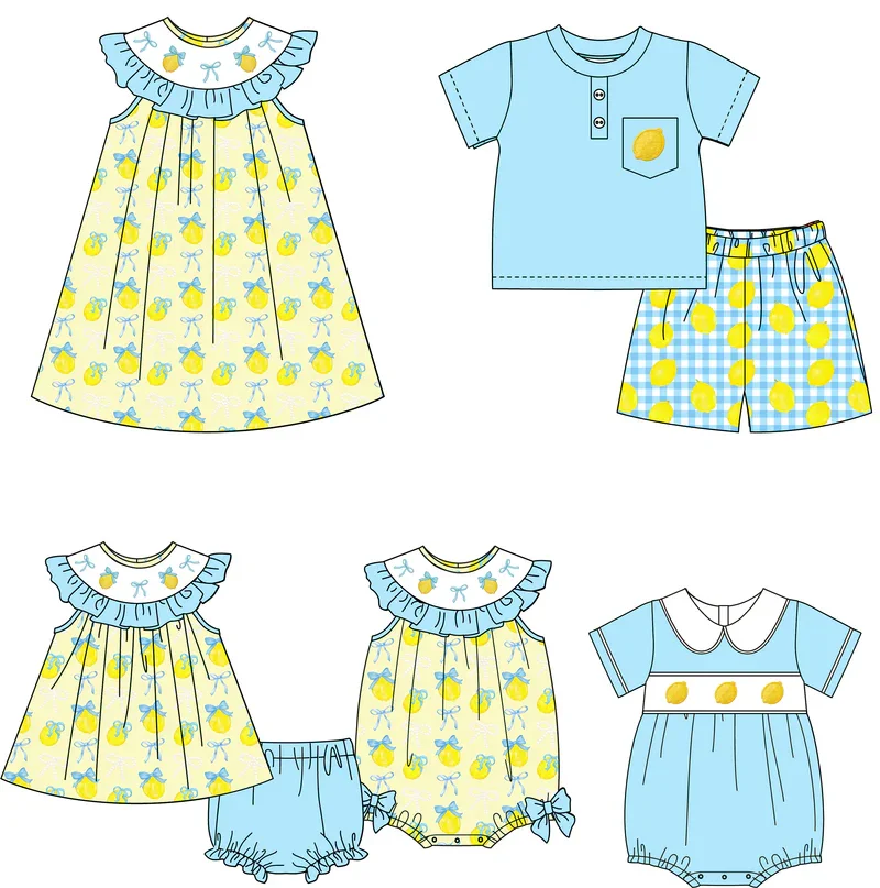 Wholesale Children's Clothing Lemon Bow Print Blue Boy Suit Yellow Girl Suit Newborn Bubble Romper Boutique Children Suit