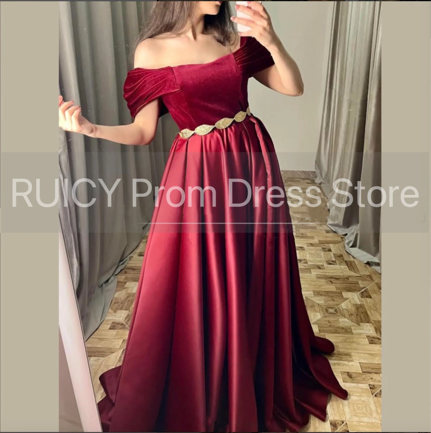 Off The Shoulder Burgundy Prom Dresses Women 2025 Luxury A-line Wedding Party Dresses With Gold Belt vestido de gala noche mujer