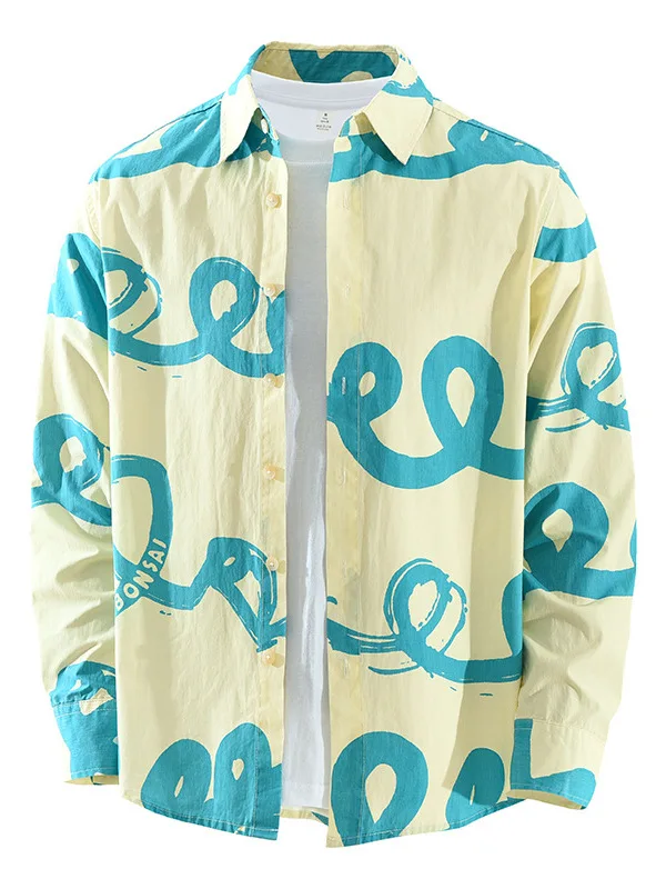 

Japanese Sle Long Sve Cotton irt Men's Casual Printed Collar Loose Top Faionable Artistic Leisure Pure Cotton irt
