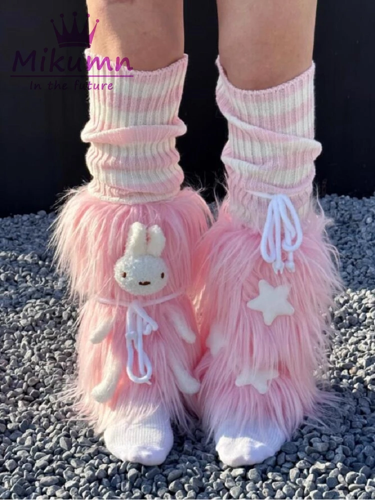 Mikumn Harajuku Y2k Cute Cartoon Rabbit Furry Leg Warmer Socks Women Girls Winter Warm Plush Star Kawaii Leg Cover Streetwear