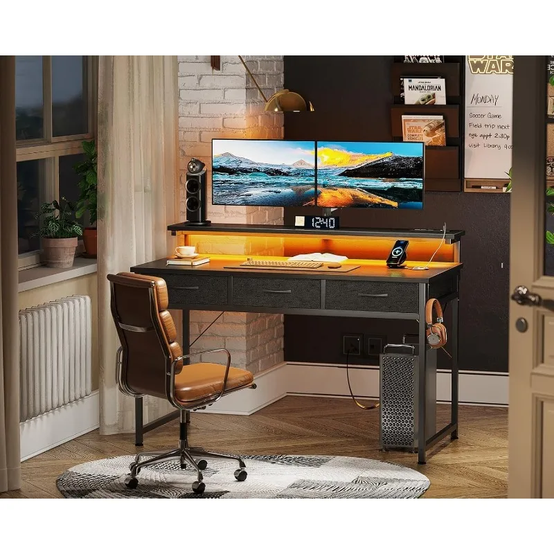 48 Inch Computer Desk with 3 Drawers and USB Power Outlets, Home Office Desks with LED Lights and Adjustable Monitor Stand