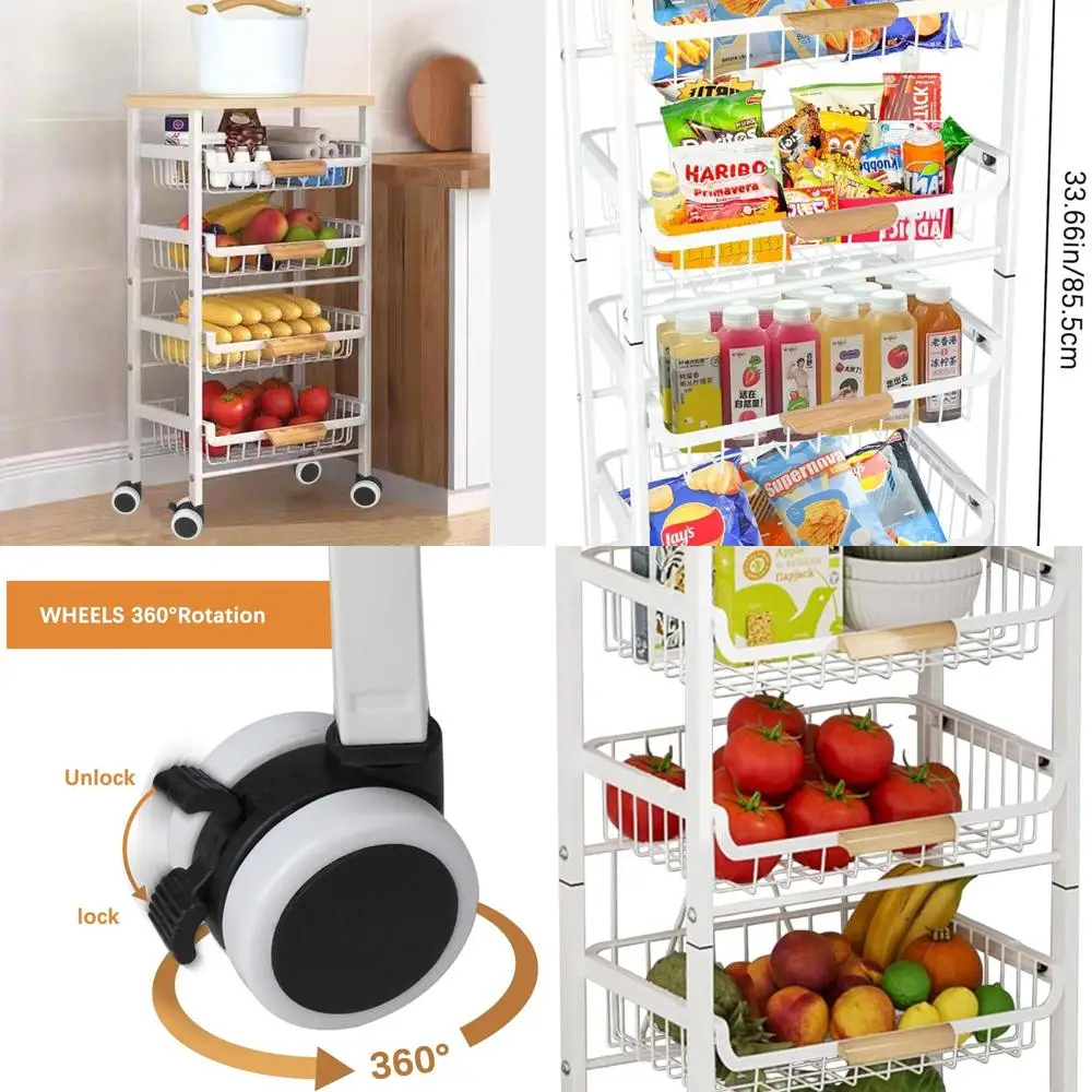 

5-уровневая кухонная тележка на колесиках с корзиной для фруктов, белая, 17x11,9x33,66