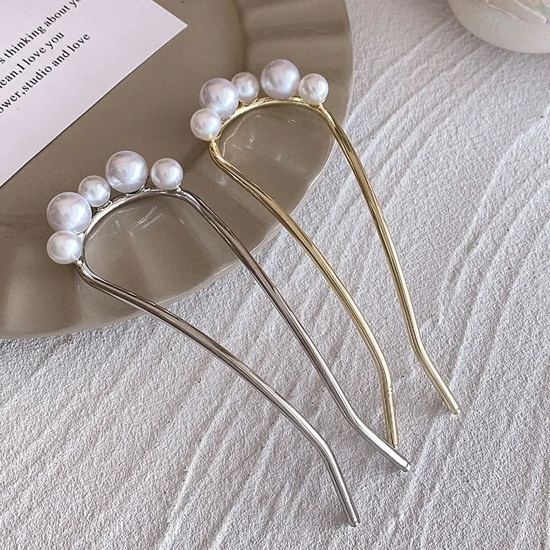 1/2pcs Vintage Pearl Hairpins Women Elegant U Shaped Hair Clips Korean Headwear Sticks Bun Minimalist Metal Forks Styling Tools